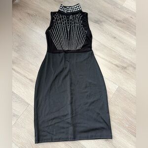 Elegant Black Midi Dress with Studded Neckline